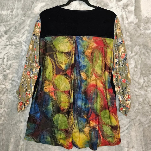 John Mark Top Womens M Blue Embroidered Tunic Floral Mixed Media Boho Hippie - Picture 2 of 10